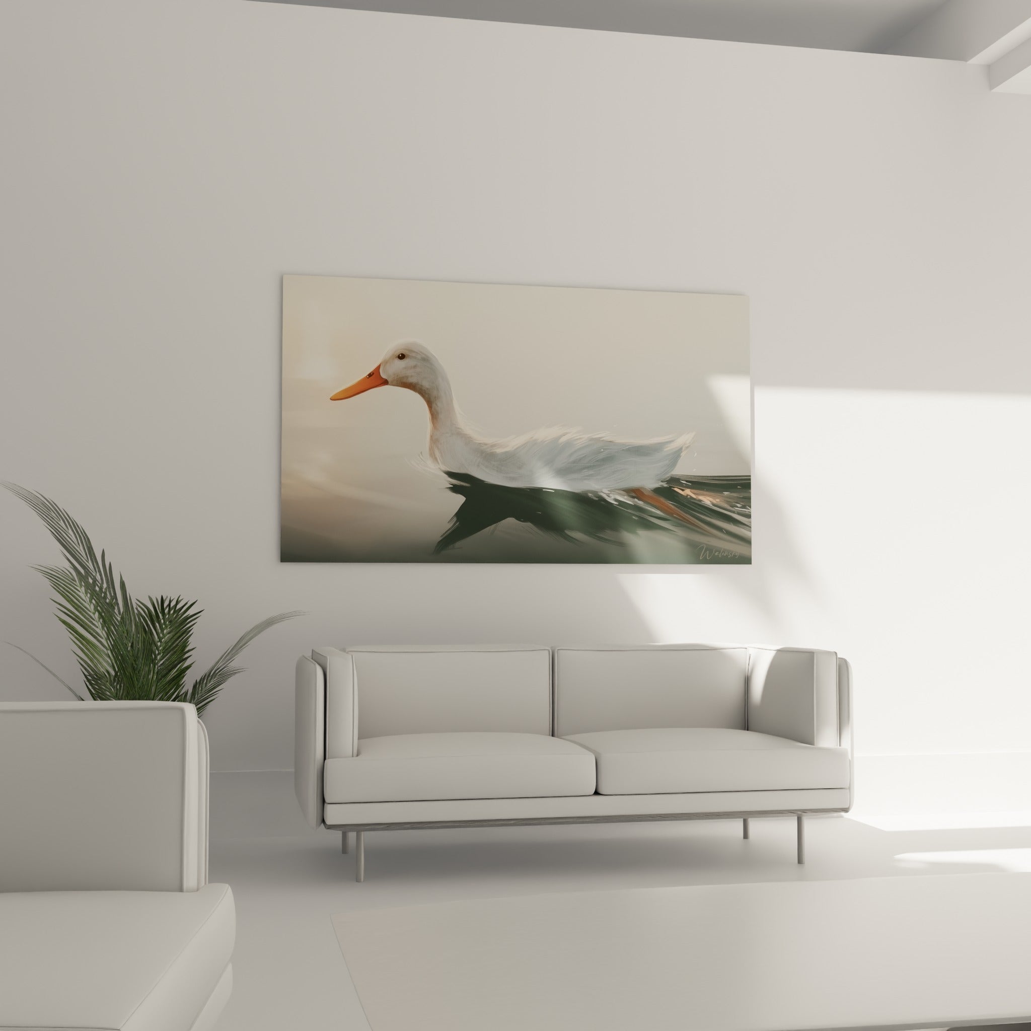 Plumage blanc et bec orangé d'un canard flottant sur eau sombre, au-dessus d'un canapé dans un salon lumineux
