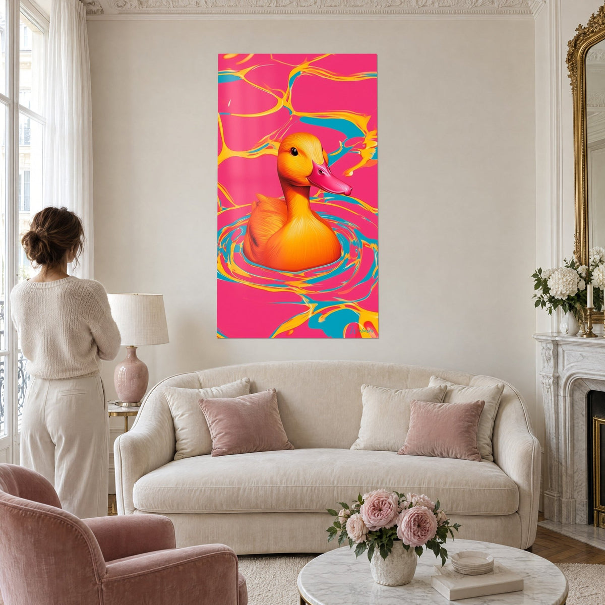 Tableau canard orange au bec rose flottant sur fond fuchsia, filaments turquoise, femme de dos, au-dessus d'un canapé dans un salon lumineux