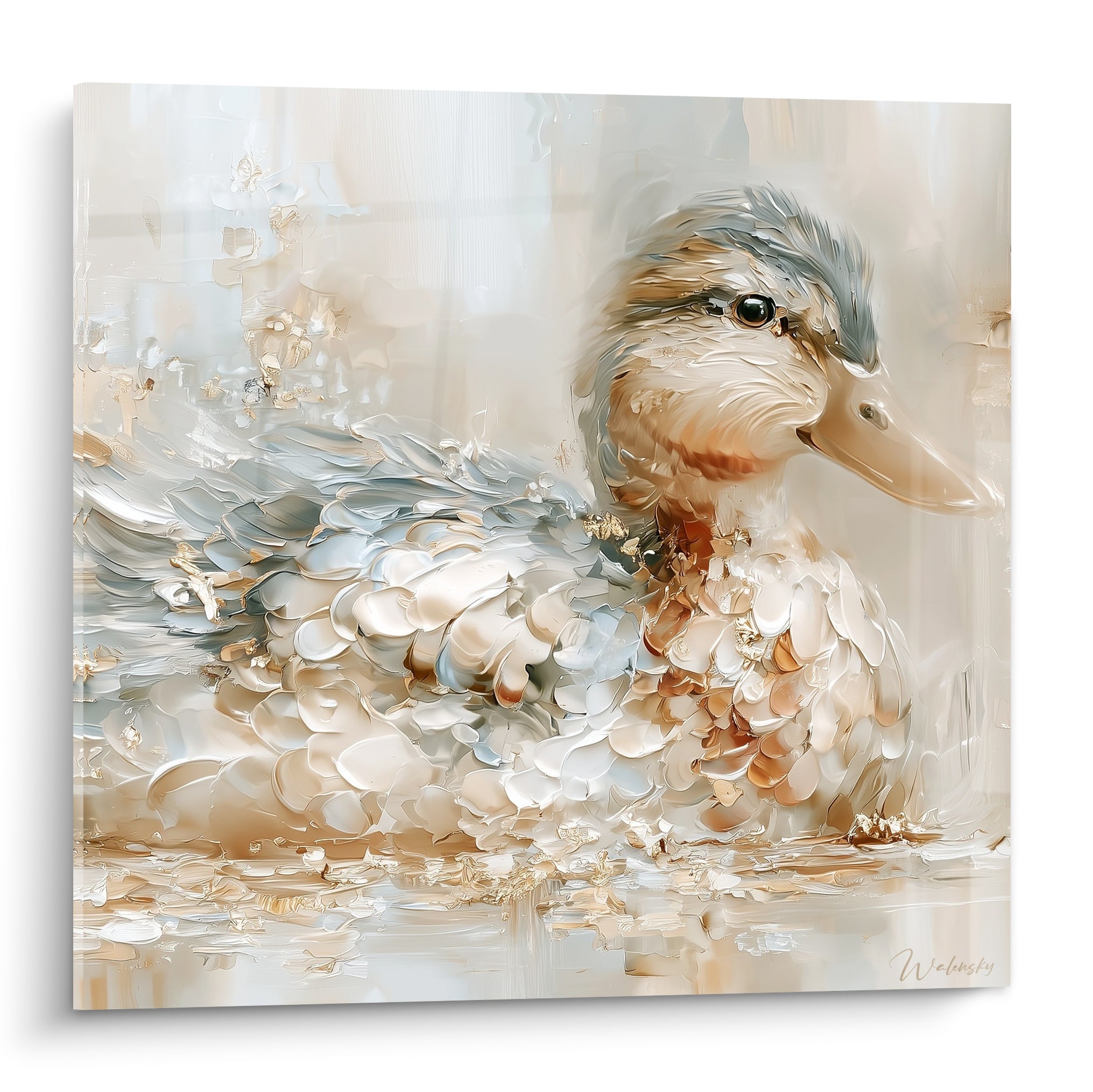 Canard beige et bleu-gris au plumage sculptural, empâtements dorés, posture calme sur l'eau