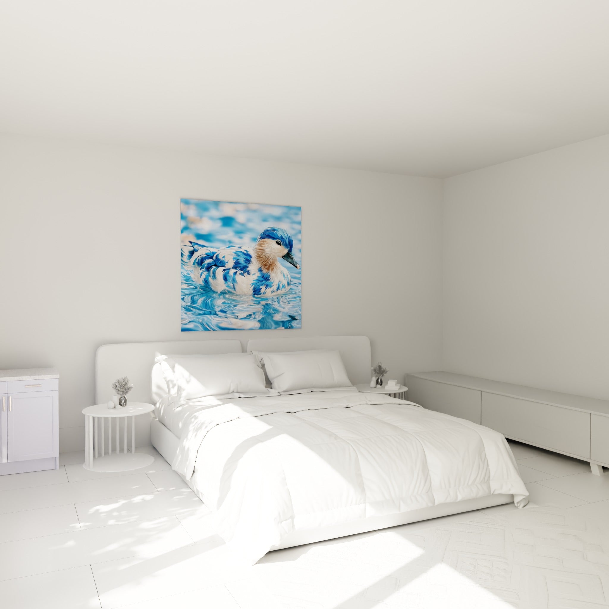 Plumage bleu et beige d'un canard flottant, accroché au-dessus d'un lit dans une chambre claire