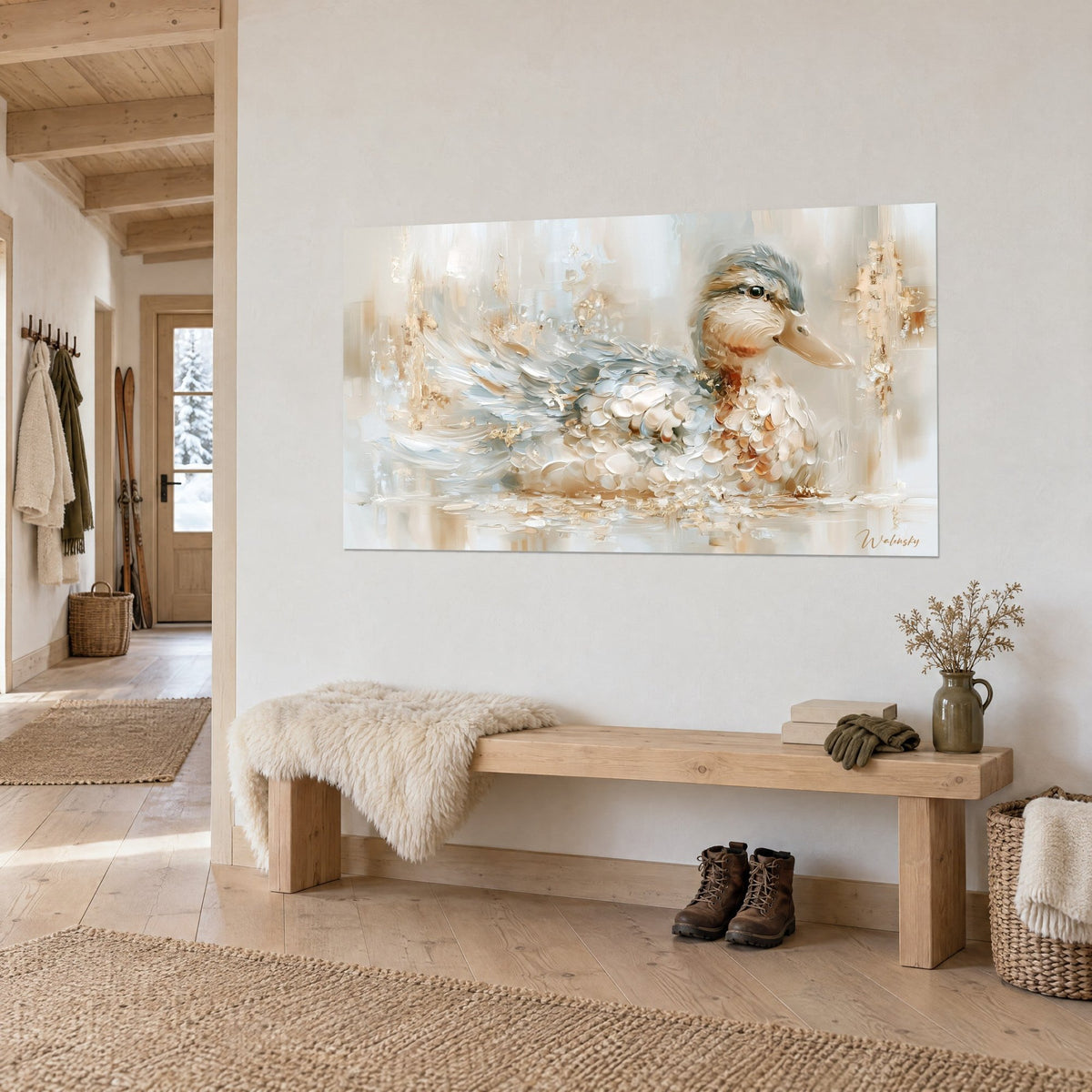 Quadro germano reale in pasta spessa beige e turchese pallido, screziature d'oro, sopra una panca da chalet in legno chiaro