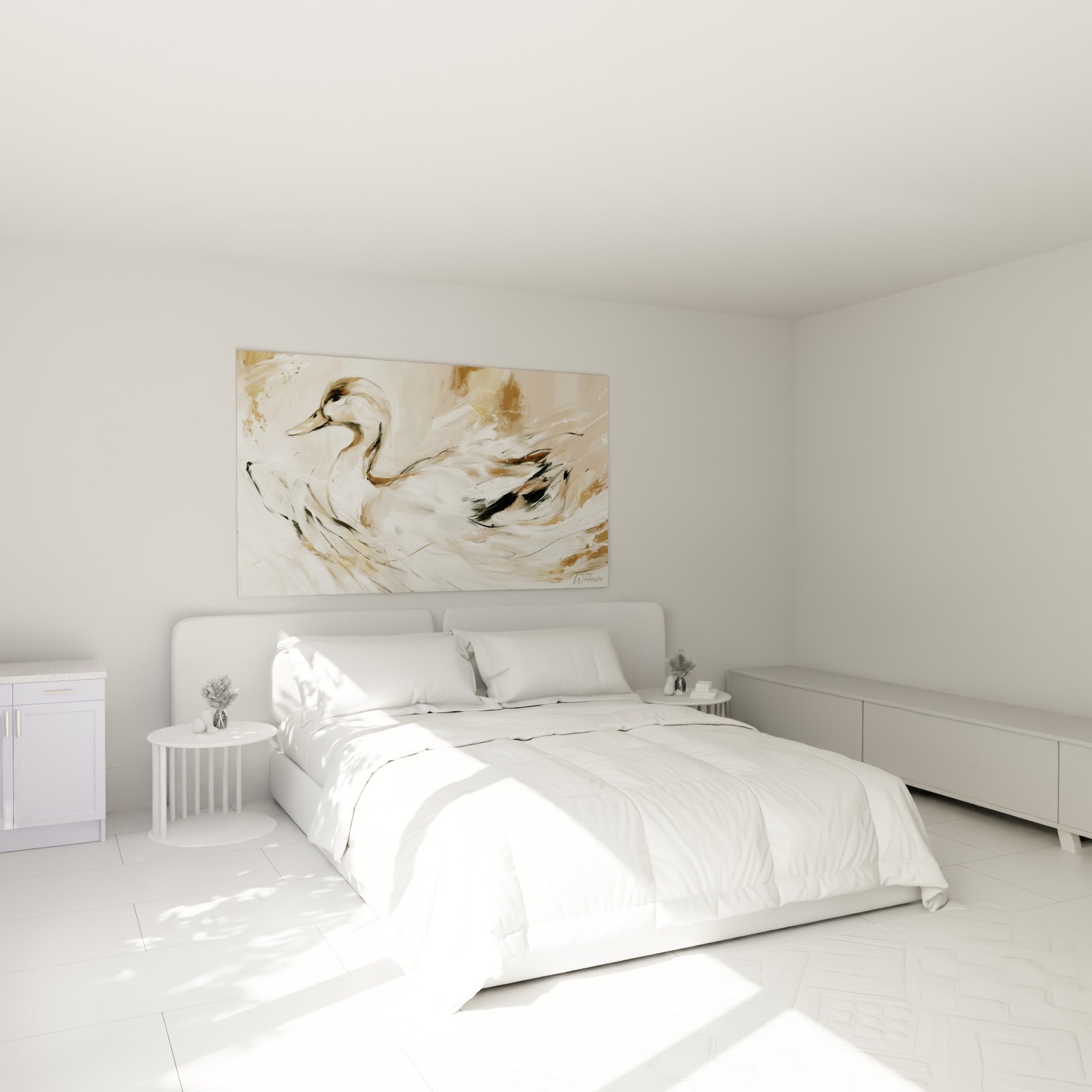 Canard doré et blanc glissant sur l'eau peinte, accroché au-dessus d'un lit dans une chambre claire