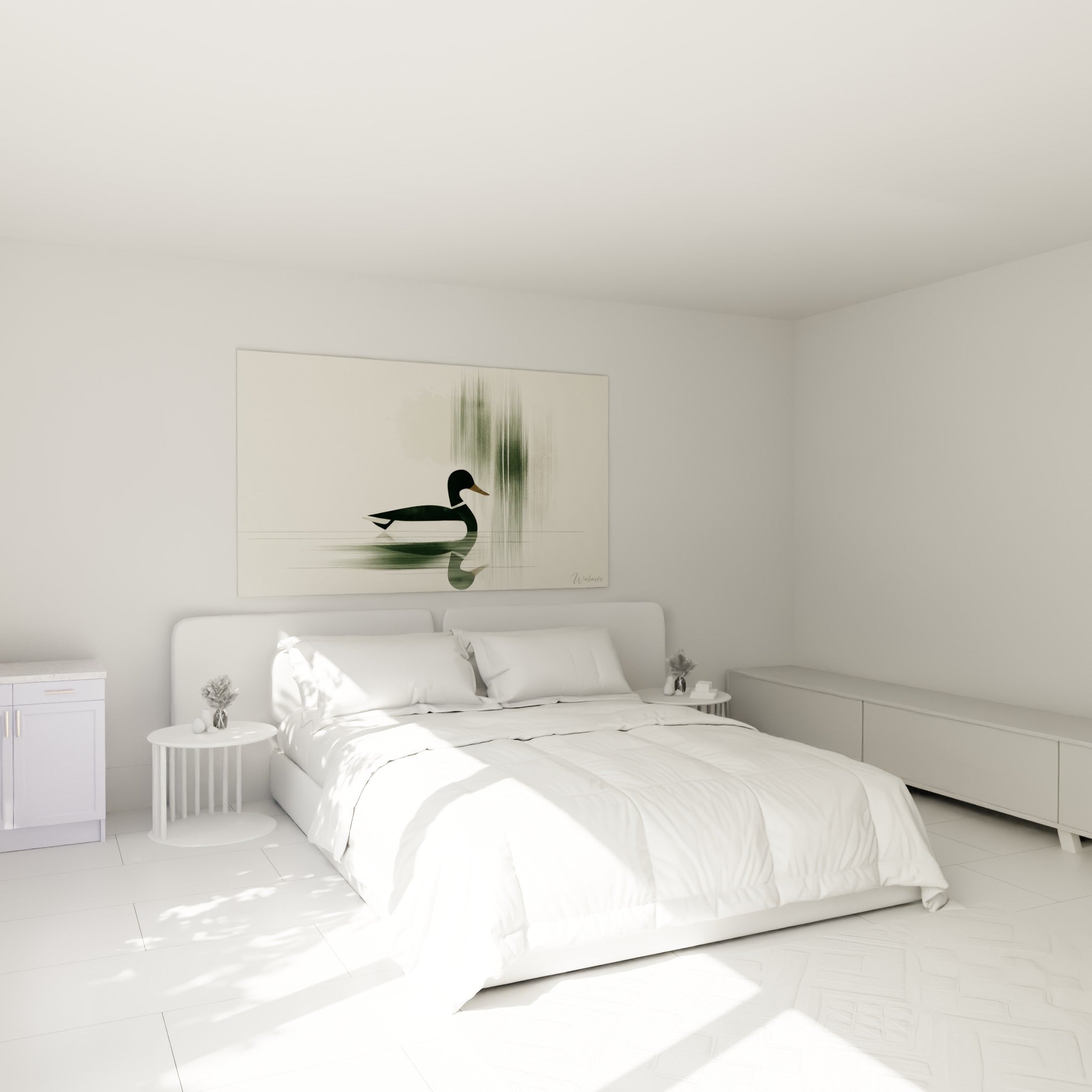 Canard vert sombre et bec ocre nage sur fond beige, au-dessus d'un lit dans une chambre claire