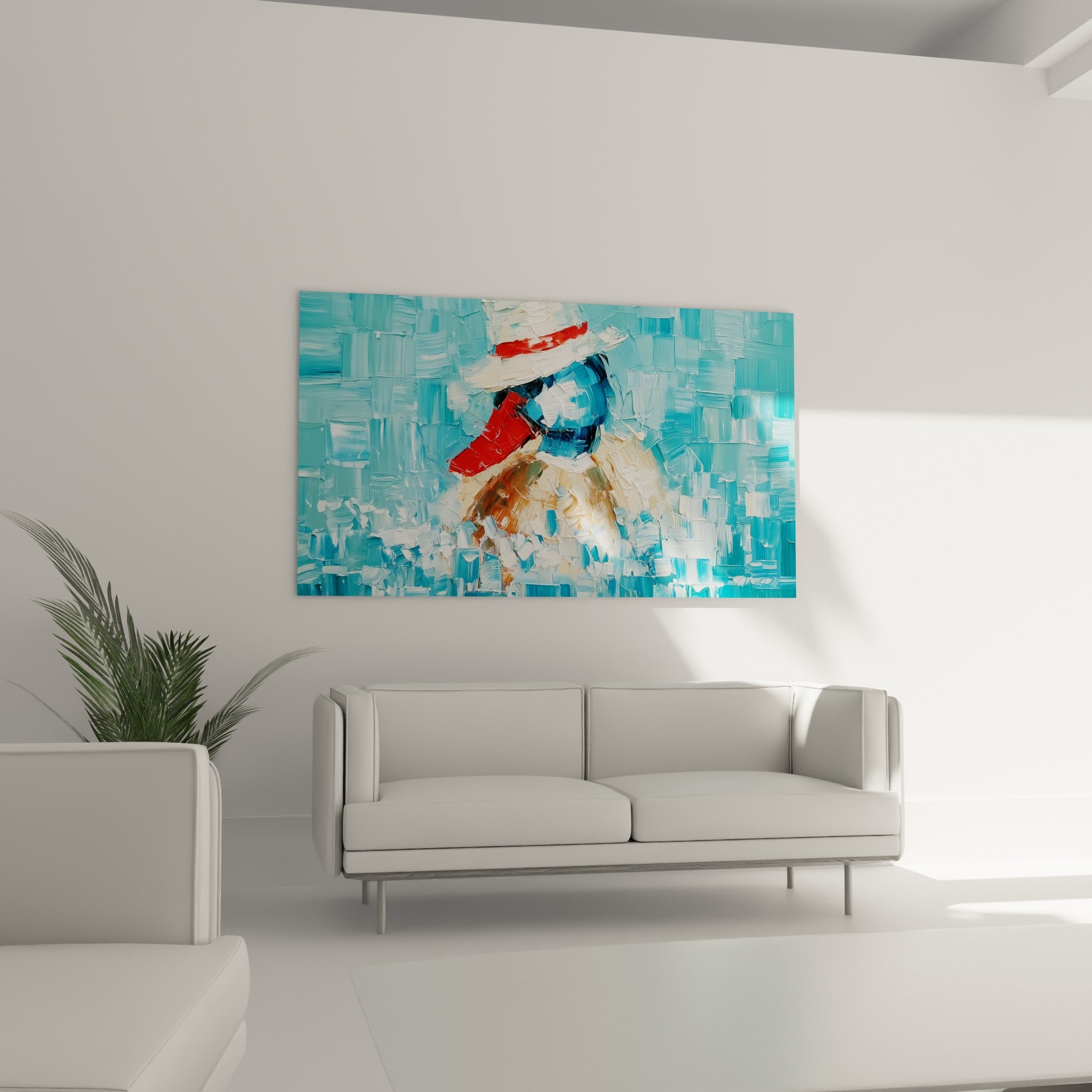 Oiseau aquatique aux teintes turquoise et beige placé au-dessus d'un canapé dans un salon lumineux