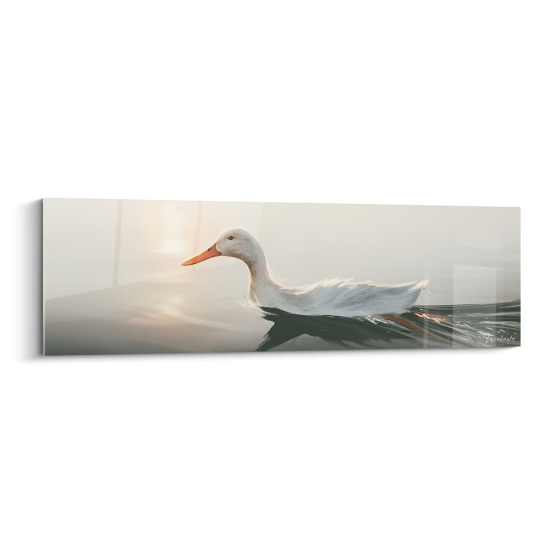 Tableau Canard blanc et gris bec orangé nageant vers la brume - Lumière voilée à l'horizon - Edition Canard