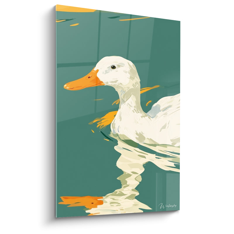 Tableau Canard blanc et bec orangé sur eau émeraude - Reflet vertical dans l'eau - Edition Canard