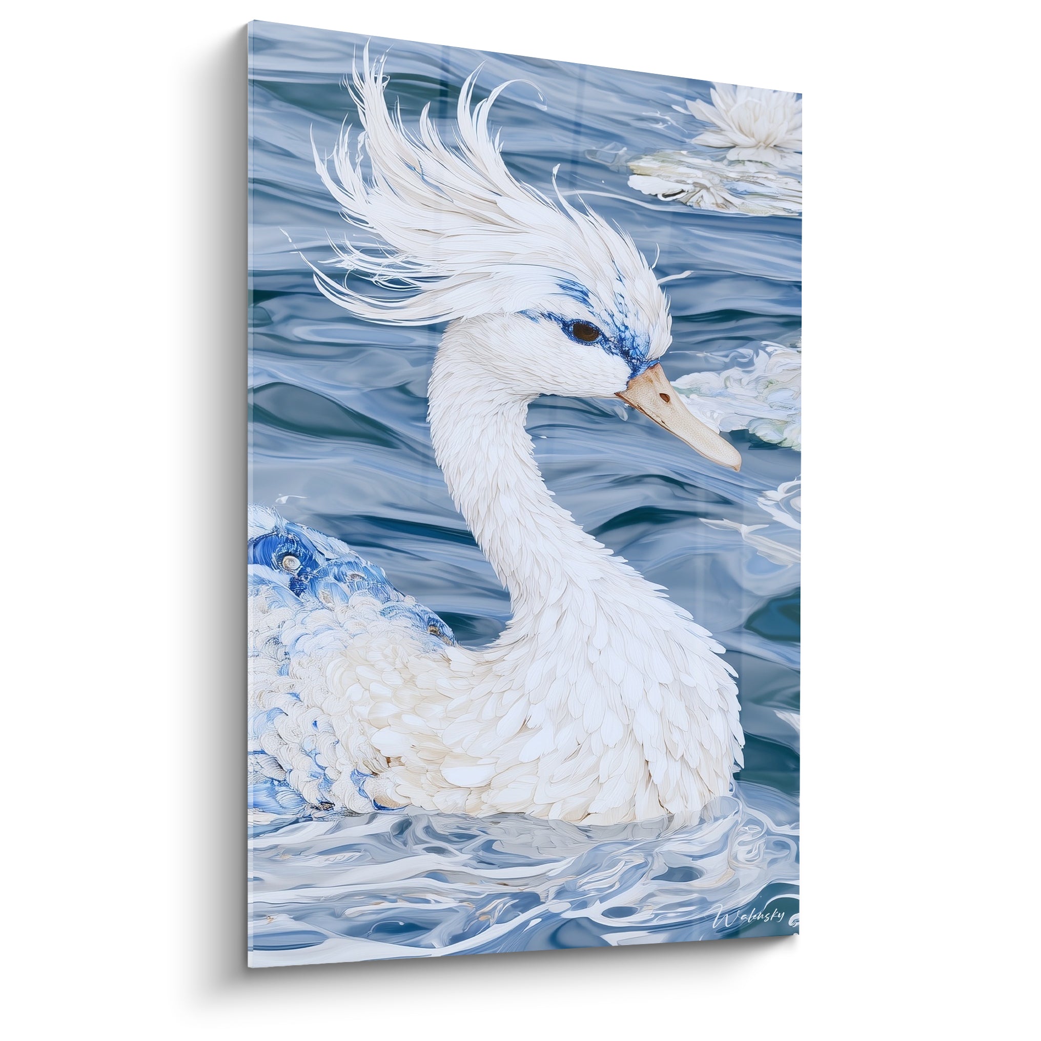 Canard blanc au plumage bleu marine et bec ocre, huppe dressée sur une eau ondulante