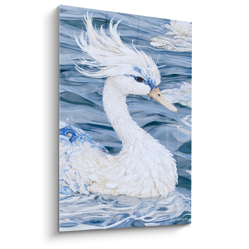 Tableau Canard blanc et bleu huppe échevelée par le vent - Nénuphar en arrière-plan - Edition Canard