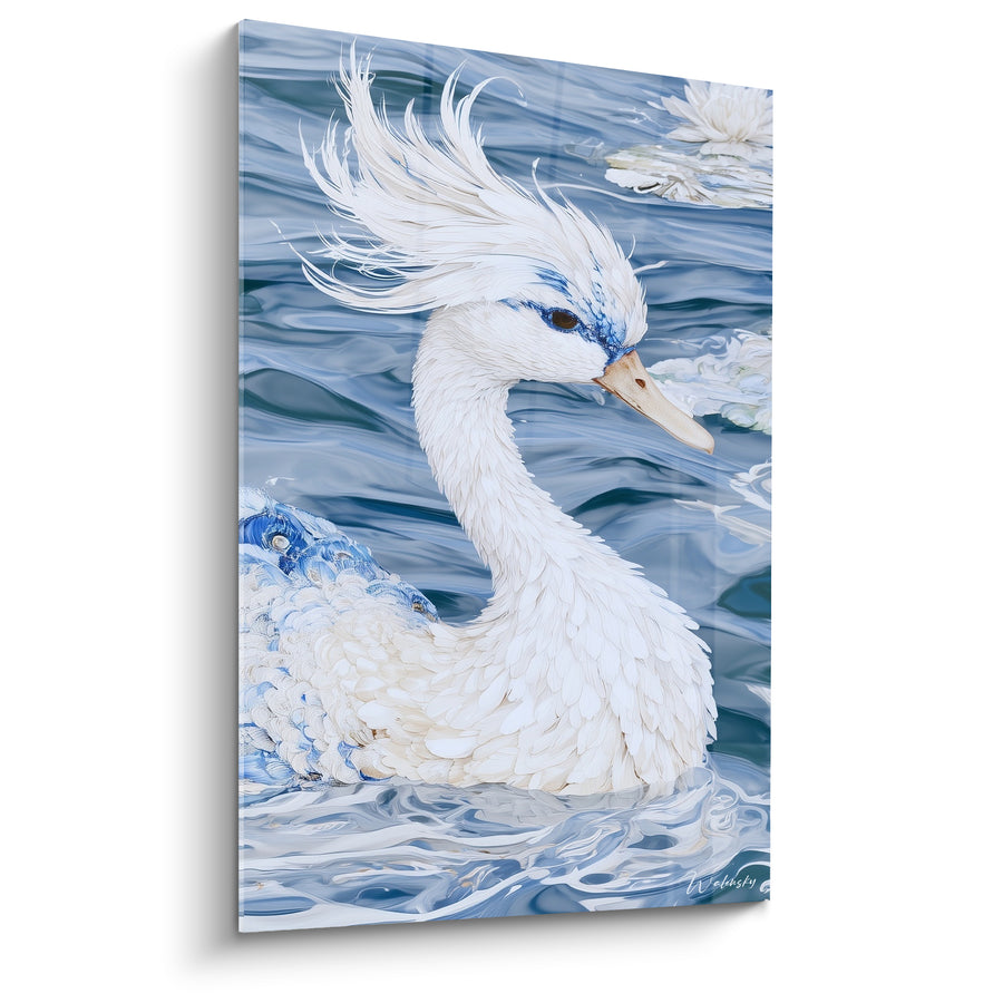 Tableau Canard blanc et bleu huppe échevelée par le vent - Nénuphar en arrière-plan - Edition Canard