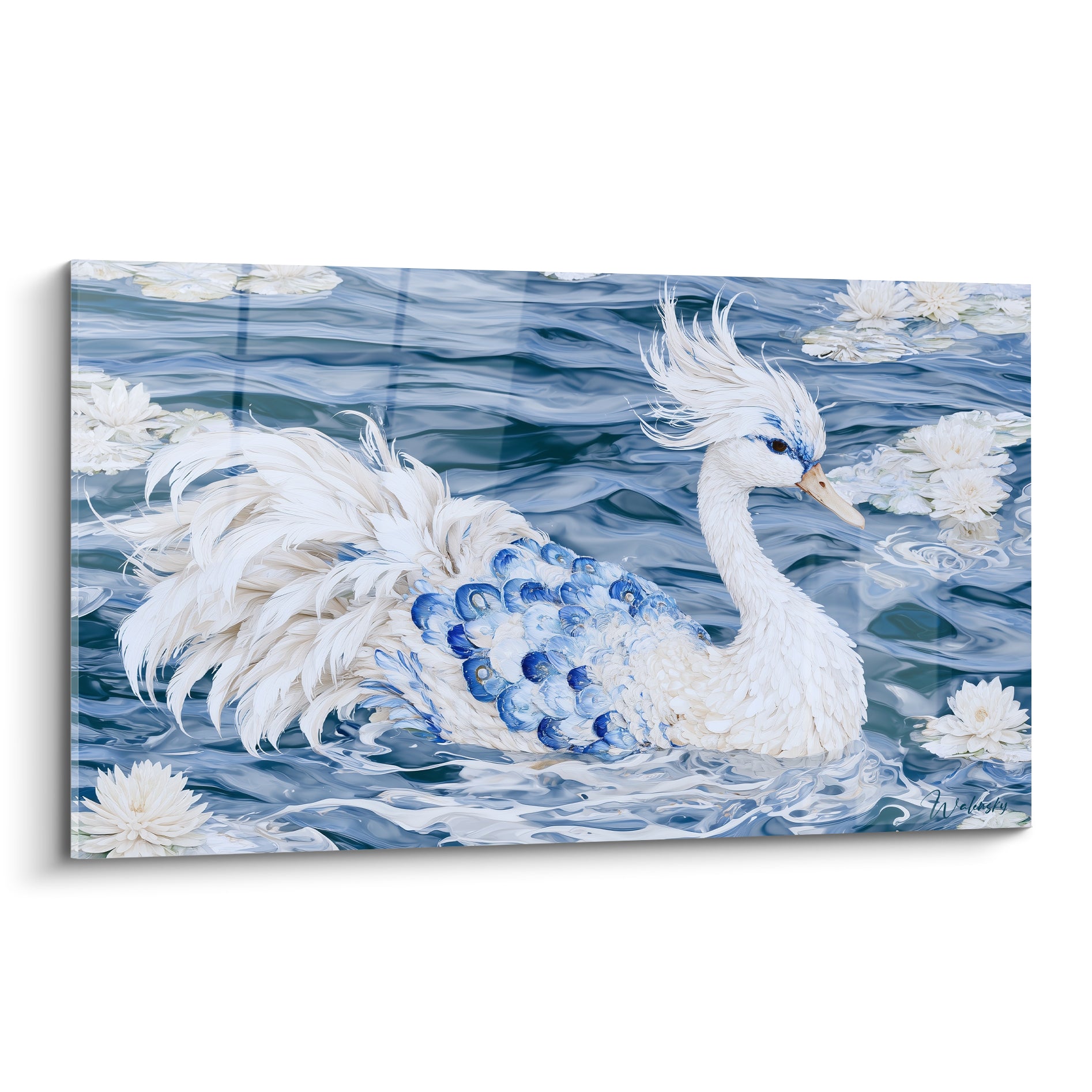 Canard blanc aux plumes bleu marine nageant parmi des nénuphars blancs, style pictural texturé