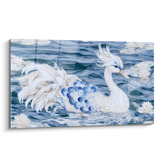 Canard blanc aux plumes bleu marine nageant parmi des nénuphars blancs, style pictural texturé