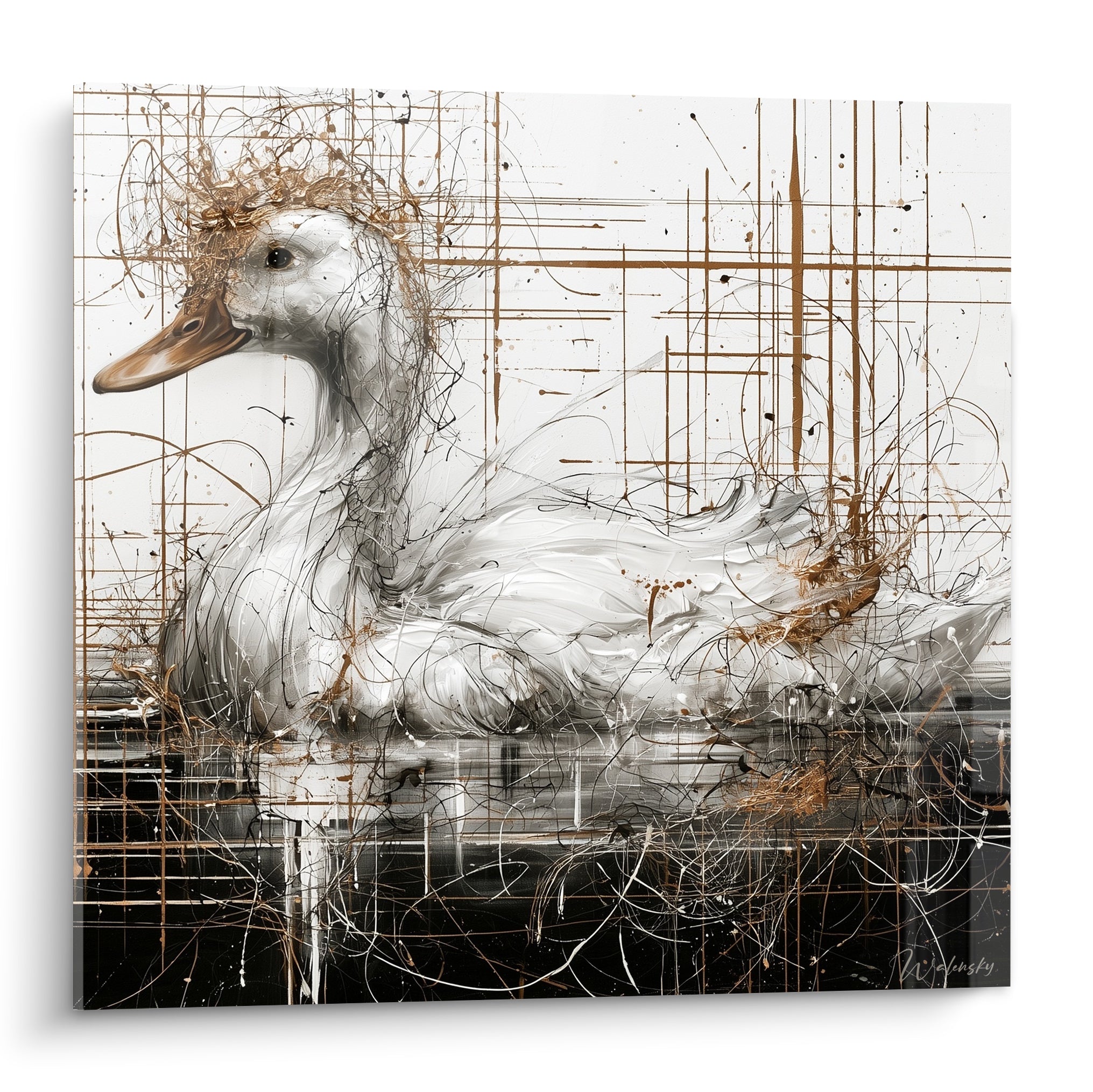 Canard blanc au bec orangé entouré de fils dorés et noirs sur fond clair
