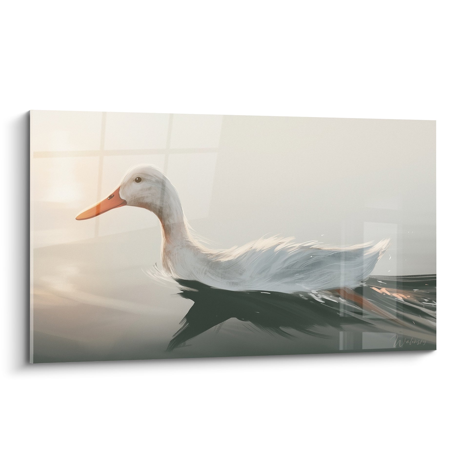 Canard blanc au bec orangé glissant sur une eau anthracite baignée de lumière dorée