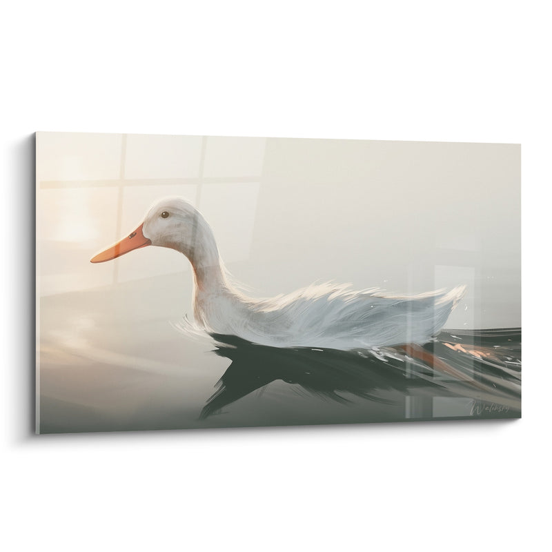 Tableau Canard blanc et gris nageant vers une fenêtre lumineuse - Reflet de croisillons - Edition Canard