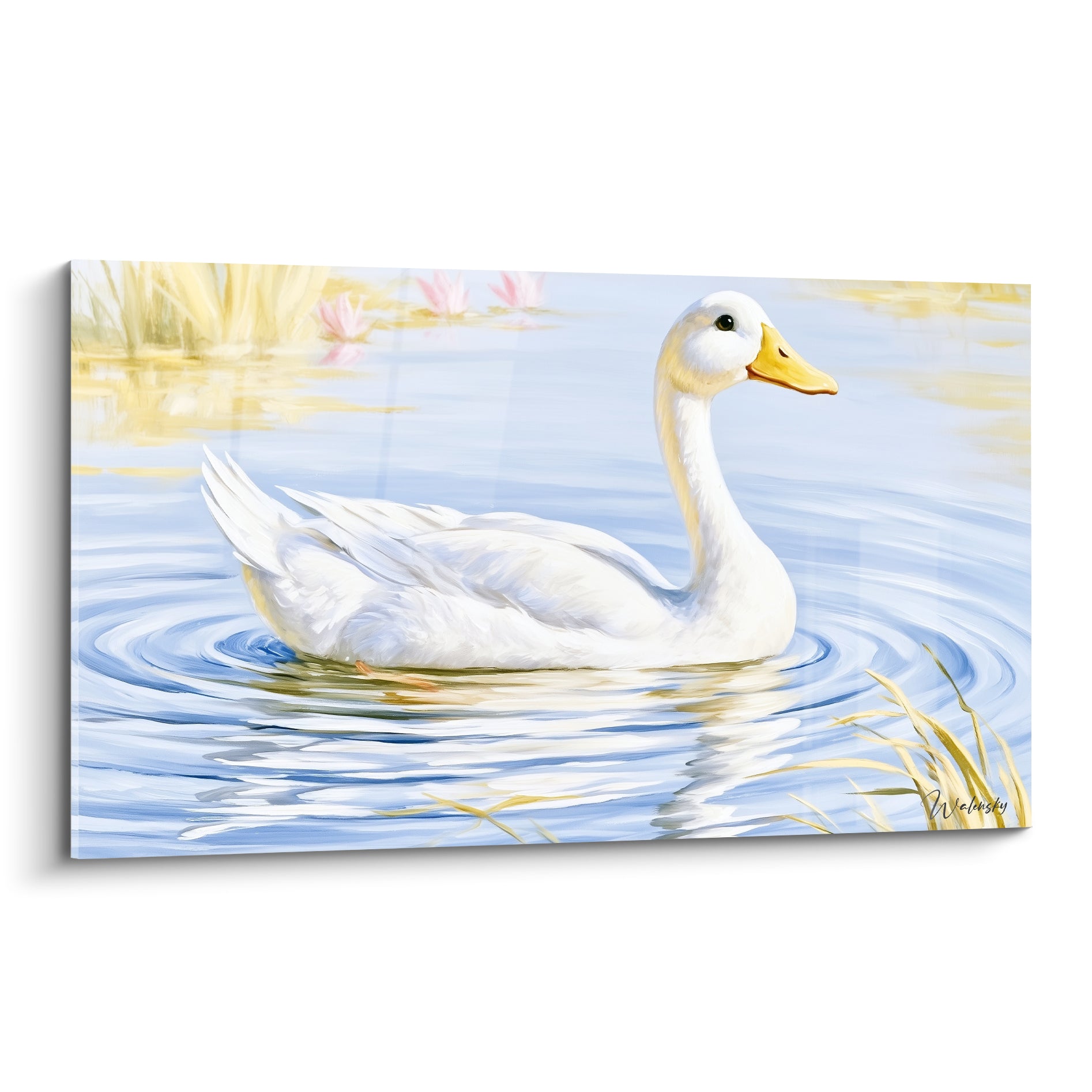 Canard blanc au bec jaune glissant sur une eau bleu pastel, entouré de roseaux ocre
