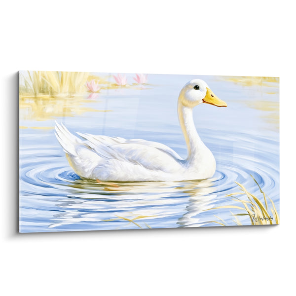 White Duck on Blue Pastel Pond Painting - Peaceful Glide - Duck Edition
