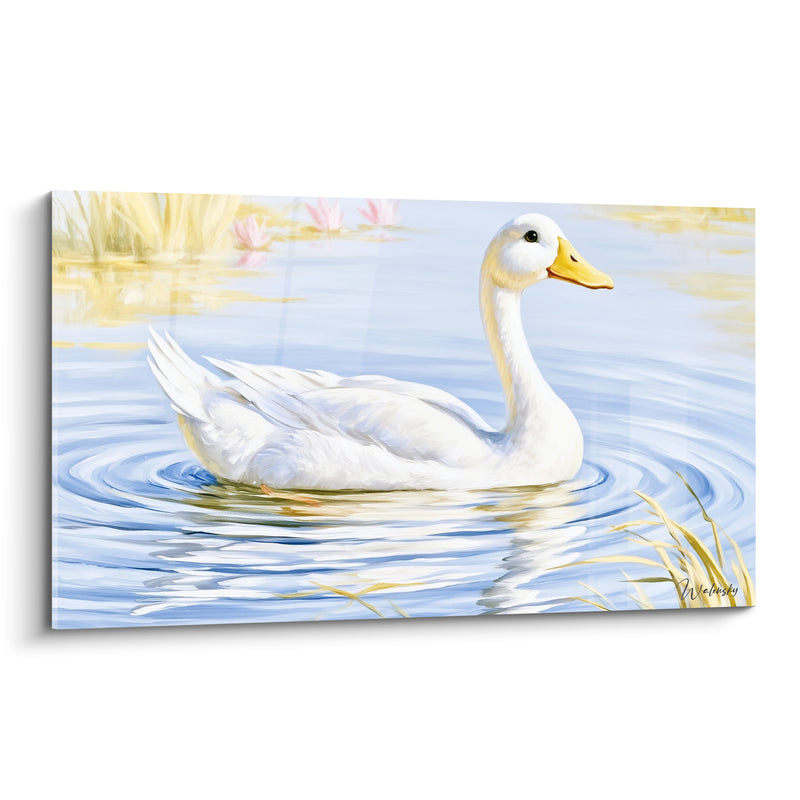 Tableau Canard blanc sur étang bleu pastel - Glissade paisible - Edition Canard
