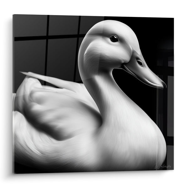 Leinwand weiße Ente vor anthrazitfarbenem Karomuster - Bewegungslose Eleganz - Enten-Edition