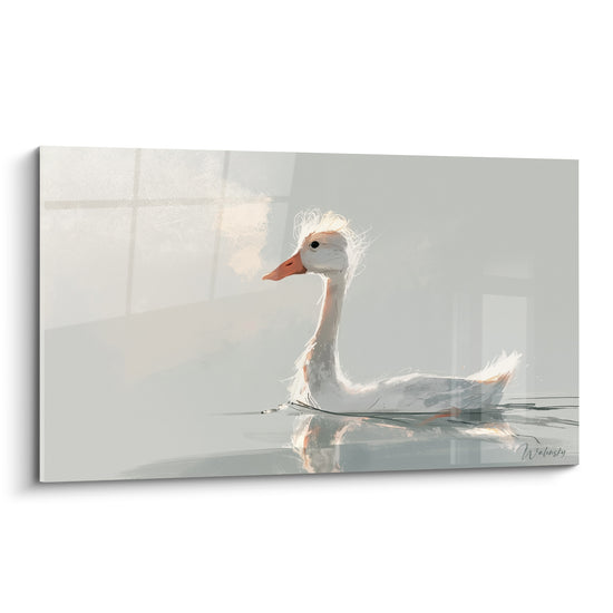 Canard blanc au bec orangé flottant sur une eau grise, plumage esquissé à grands traits lumineux