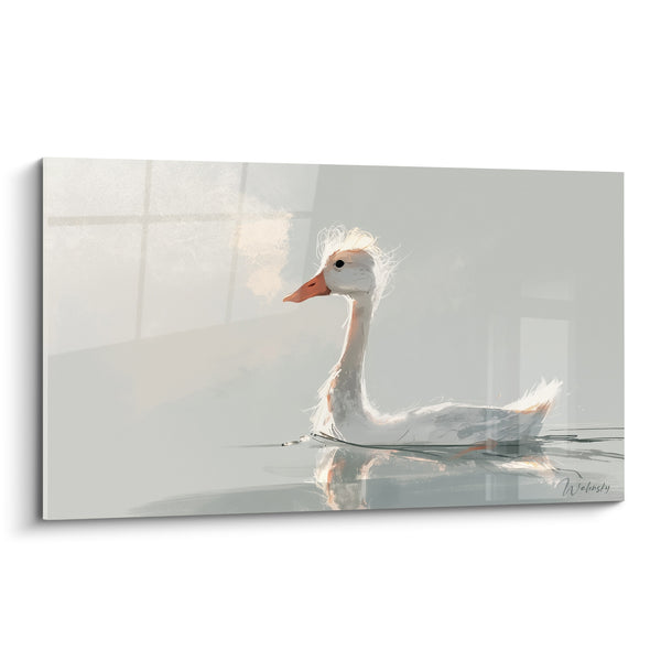 White and Grey Duck Floating on Water Painting - Morning Silence - Duck Edition