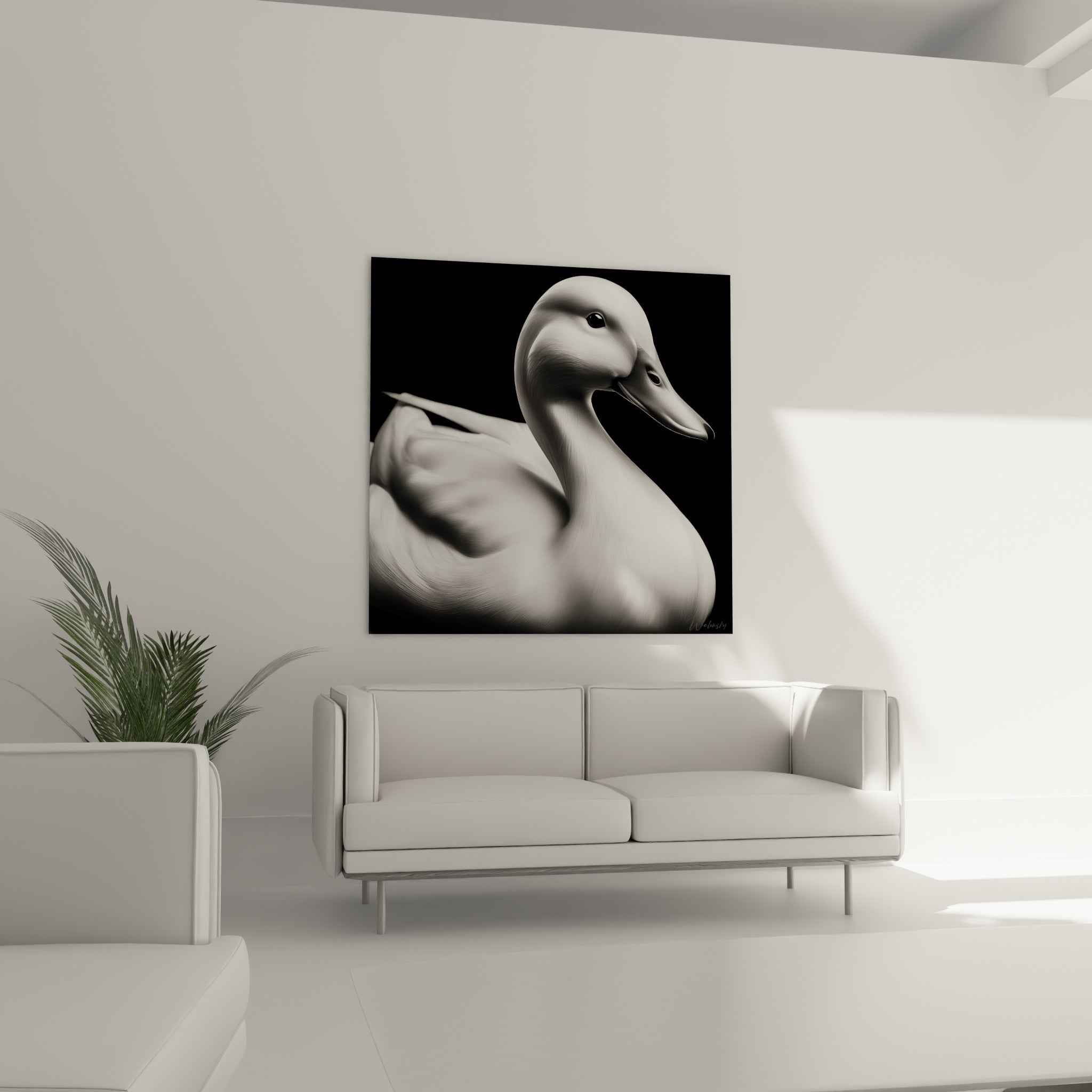 Canard blanc aux ailes texturées, fond noir géométrique, au-dessus d'un canapé dans un salon lumineux