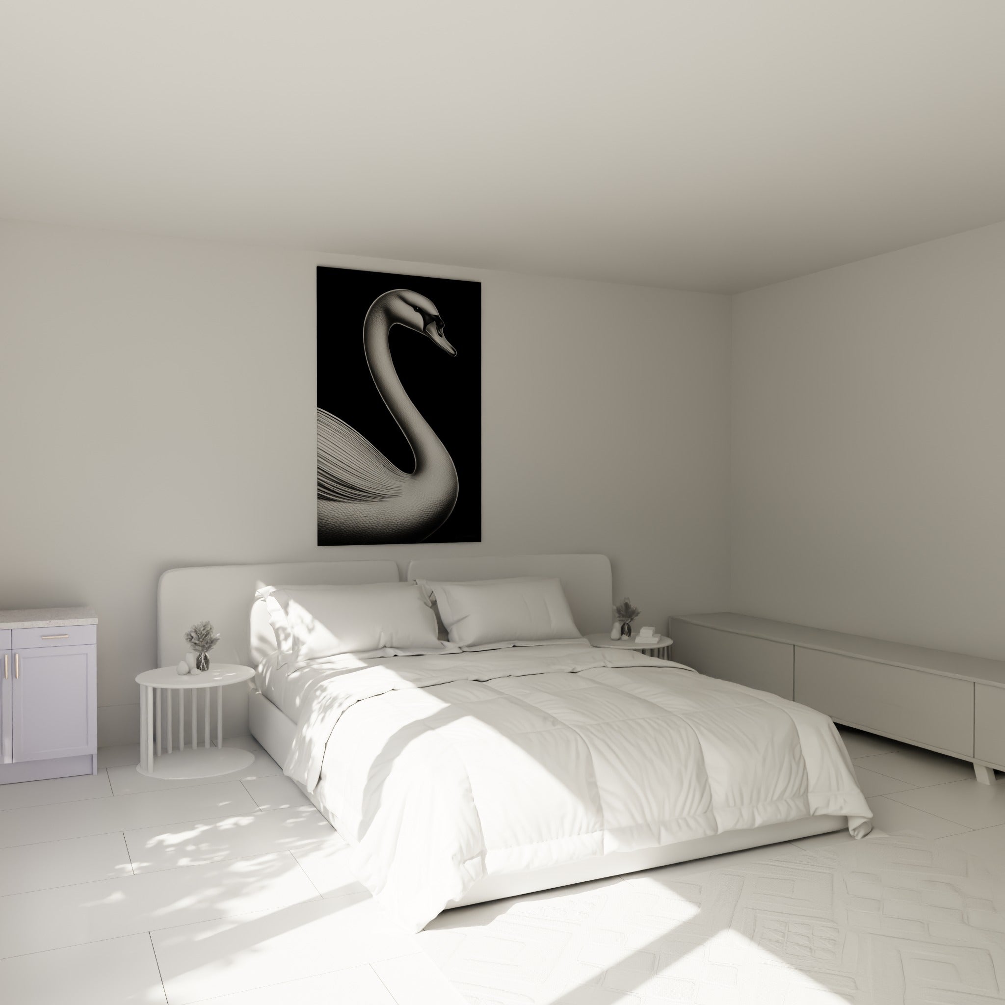 Volatile blanc nacré au cou sinueux accroché au-dessus d'un lit dans une chambre claire