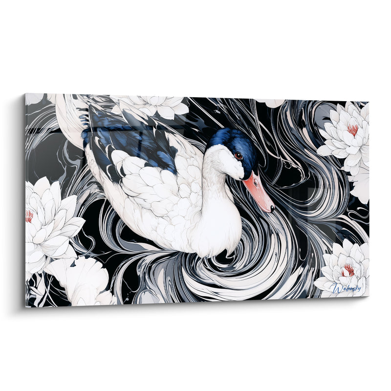 Tableau Canard blanc et bleu marine parmi les fleurs - Danse aquatique - Edition Canard
