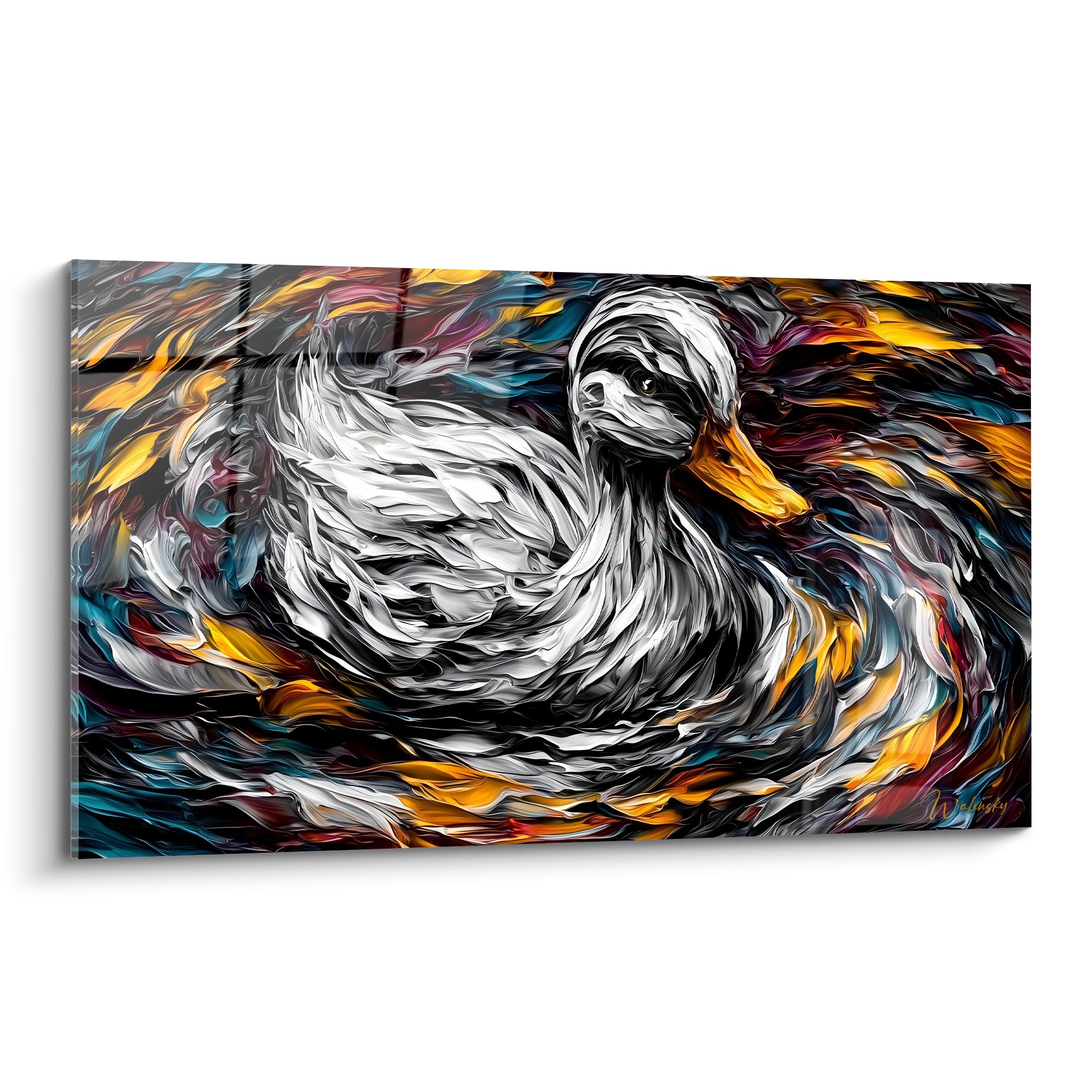 Canard blanc et noir au bec orange vif, entouré d'un tourbillon bleu pétrole et doré