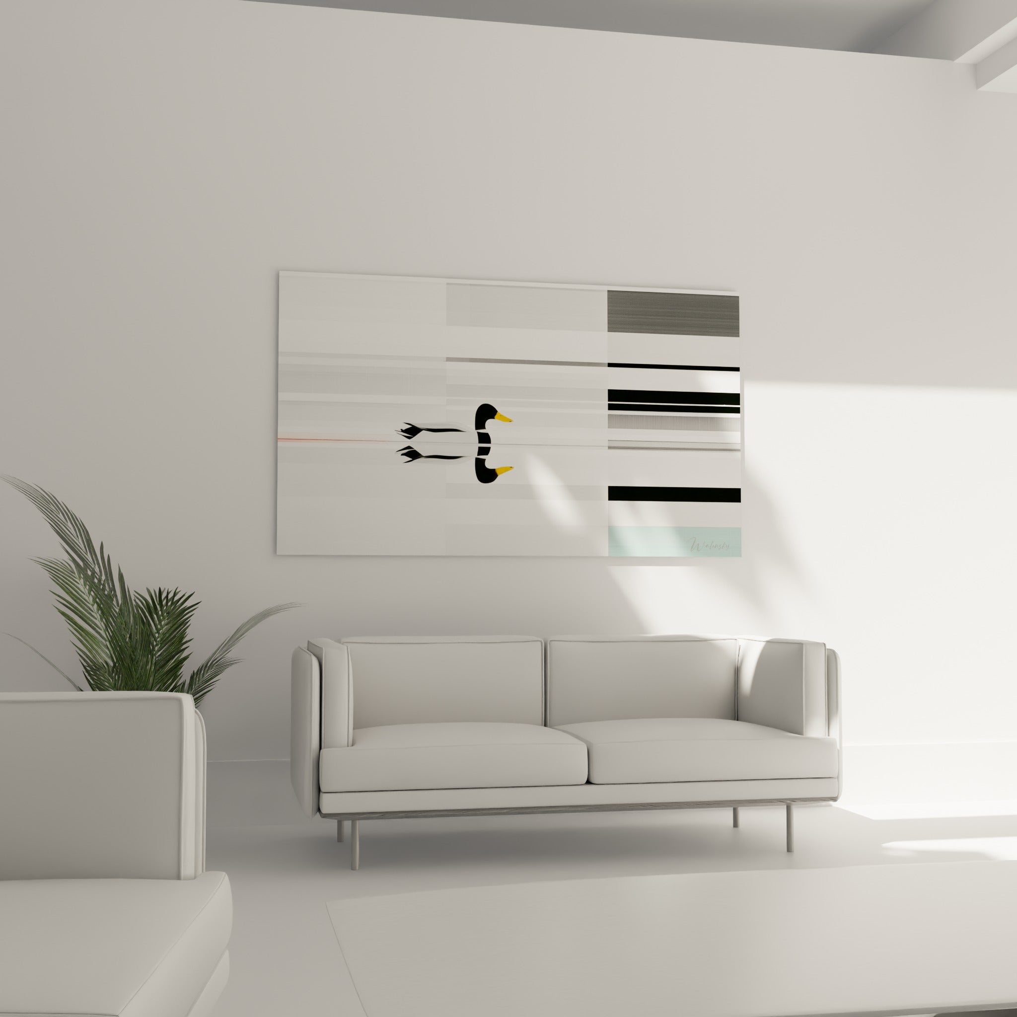 Reflet symétrique d'un canard blanc et gris sur l'eau au-dessus d'un canapé dans un salon lumineux