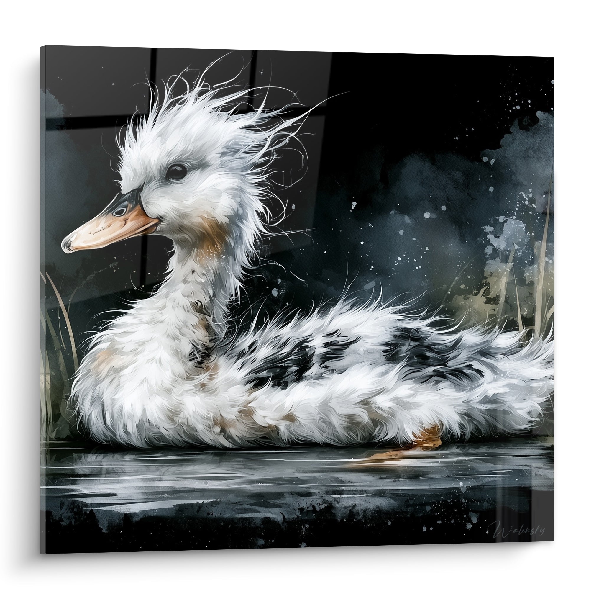 Canard blanc au plumage ébouriffé anthracite flottant sur une eau sombre et calme