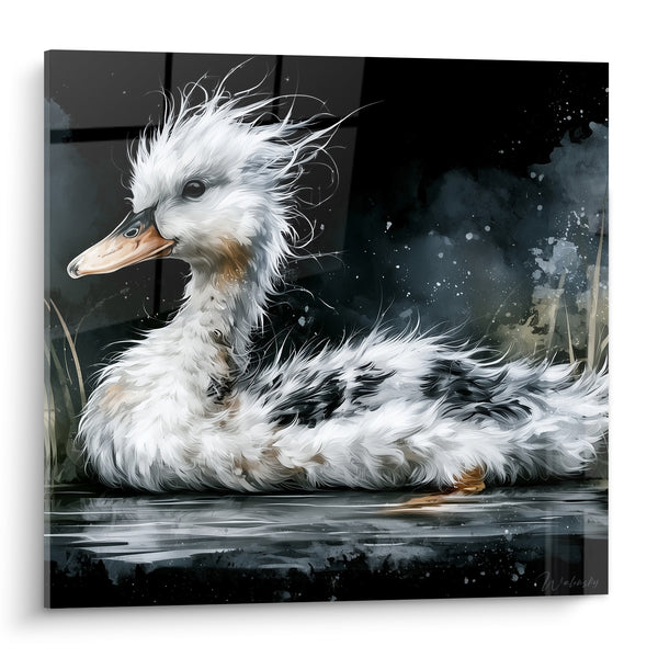 White and Black Duck Painting, ruffled plumage - Awakening on the pond - Duck Edition