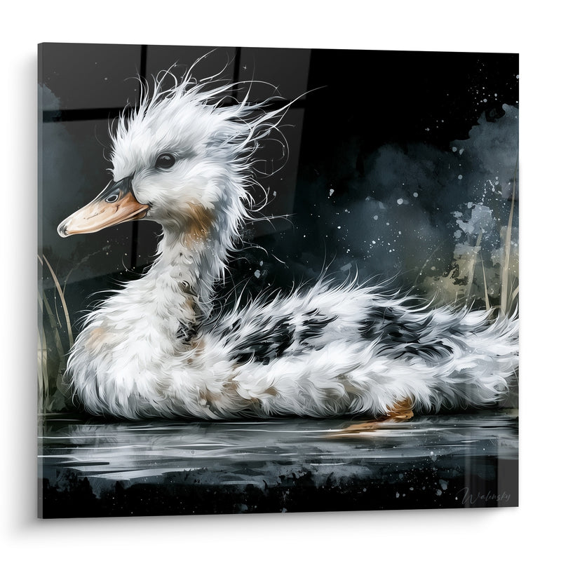 Tableau Canard blanc et noir plumage ébouriffé - Éveil sur l'étang - Edition Canard
