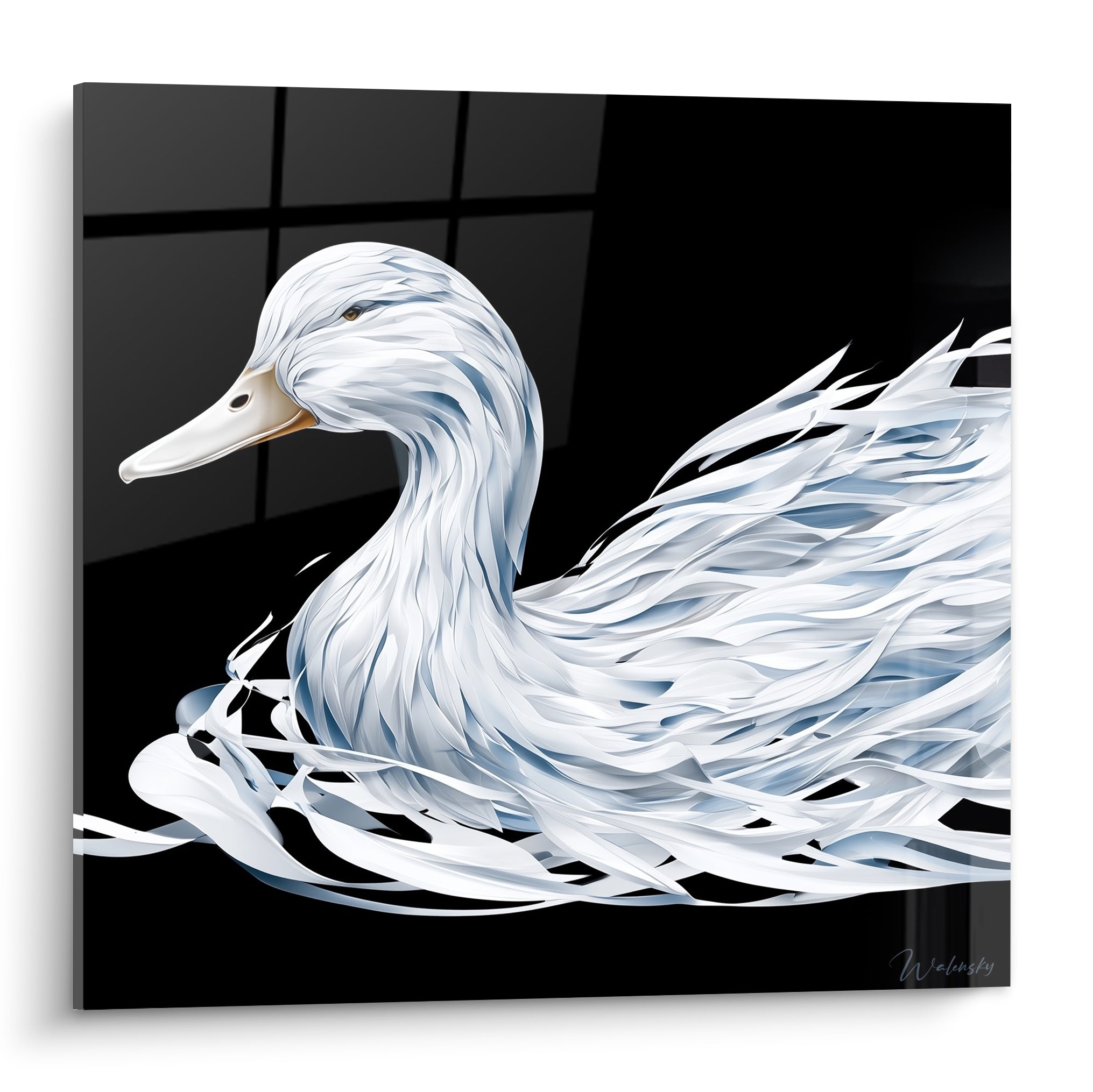 Canard blanc aux plumes argentées et fond noir profond dans un style graphique numérique