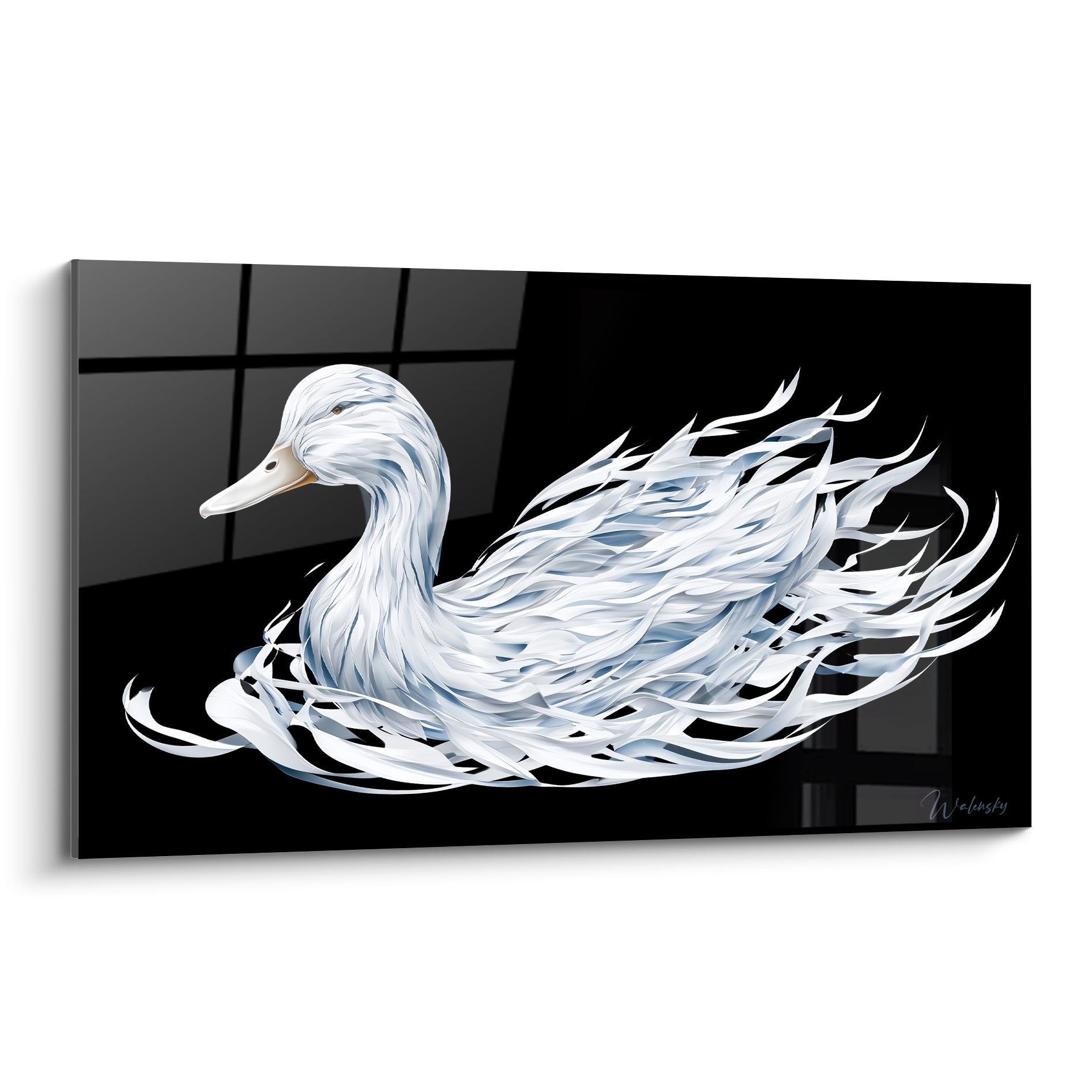 Canard blanc aux plumes bleu pastel déployées sur fond noir profond, style graphique stylisé