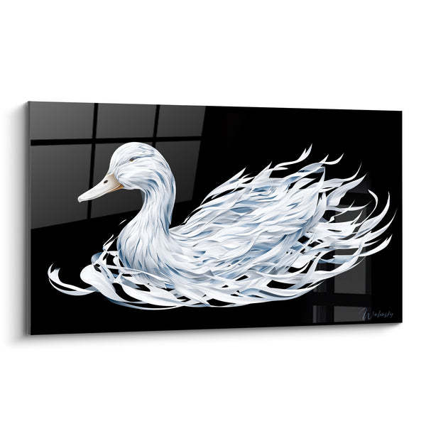 White Duck Painting with Black Flame Feathers - Frozen Flight - Duck Edition