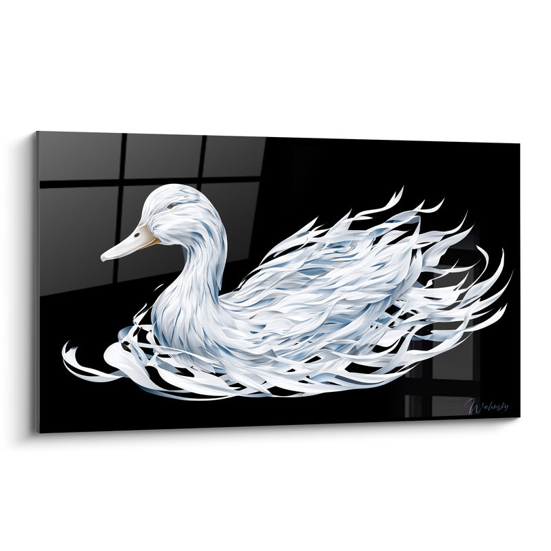 Tableau Canard blanc aux plumes flammées noires - Envol figé - Edition Canard