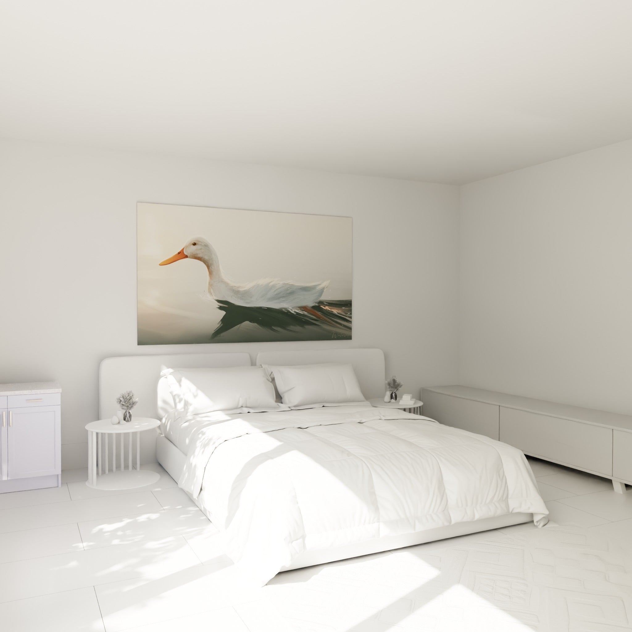 Silhouette d'un canard blanc et son reflet gris anthracite, accrochée au-dessus d'un lit dans une chambre claire
