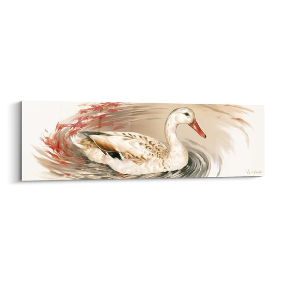 Canard blanc au plumage brun moucheté, bec orangé, sillage gris et rose tourbillonnant