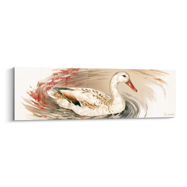 White and Coral Duck Painting with Long Neck - Autumn Ripples - Canard Edition