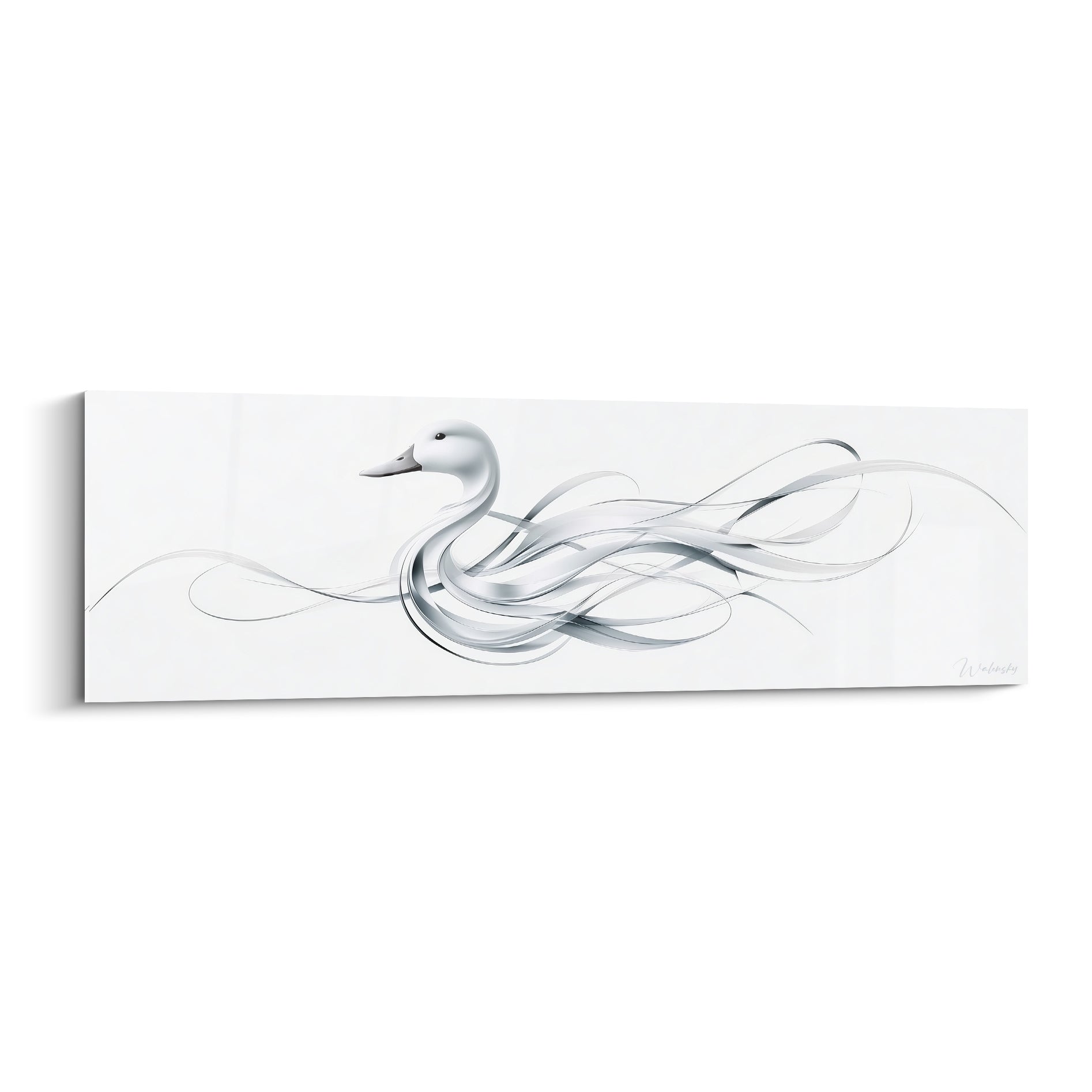 Canard blanc et gris argenté aux rubans fluides sur fond immaculé, style graphique épuré