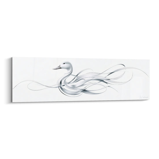 Canard blanc et gris argenté aux rubans fluides sur fond immaculé, style graphique épuré