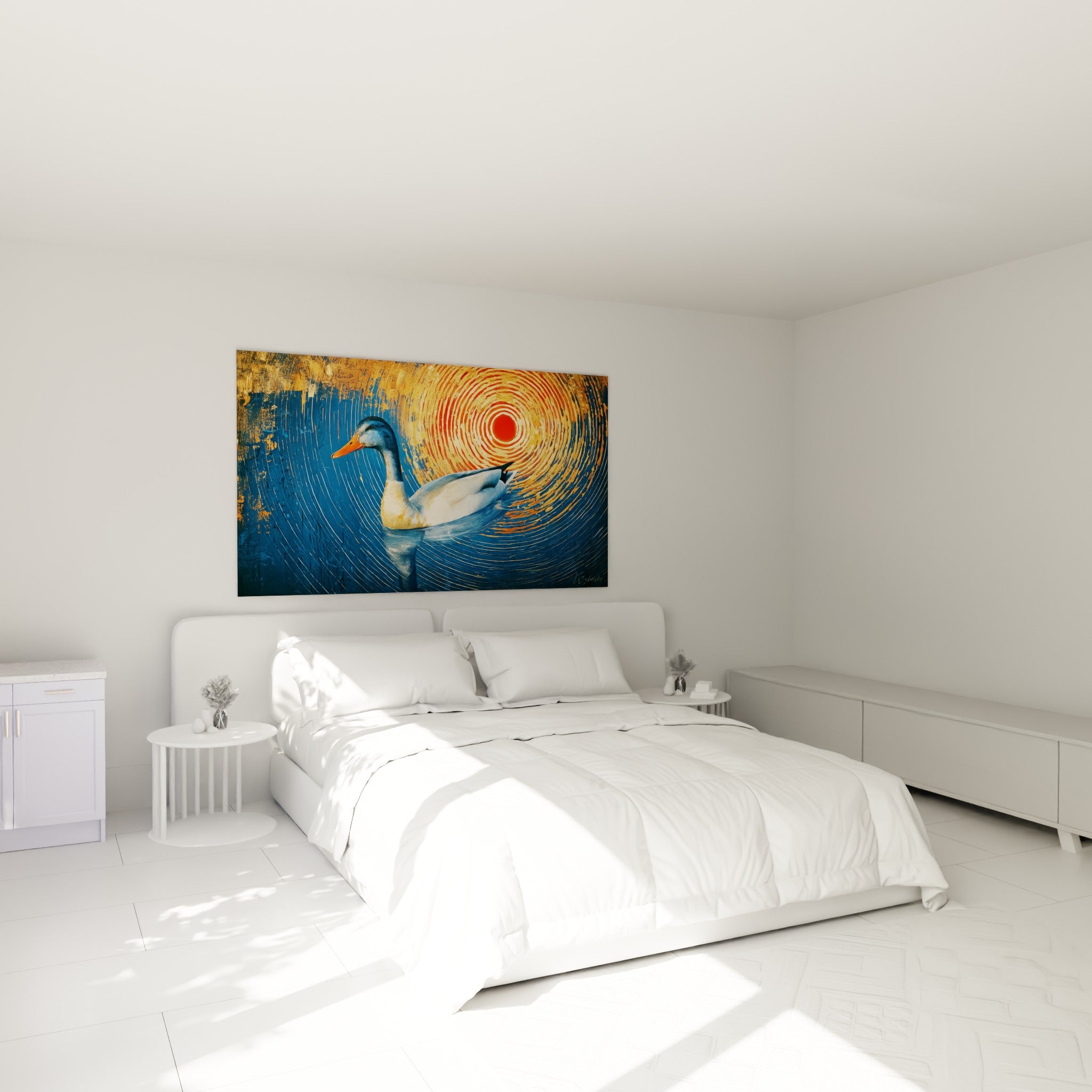 Canard blanc au bec orange nageant sous un soleil doré, au-dessus d'un lit dans une chambre claire