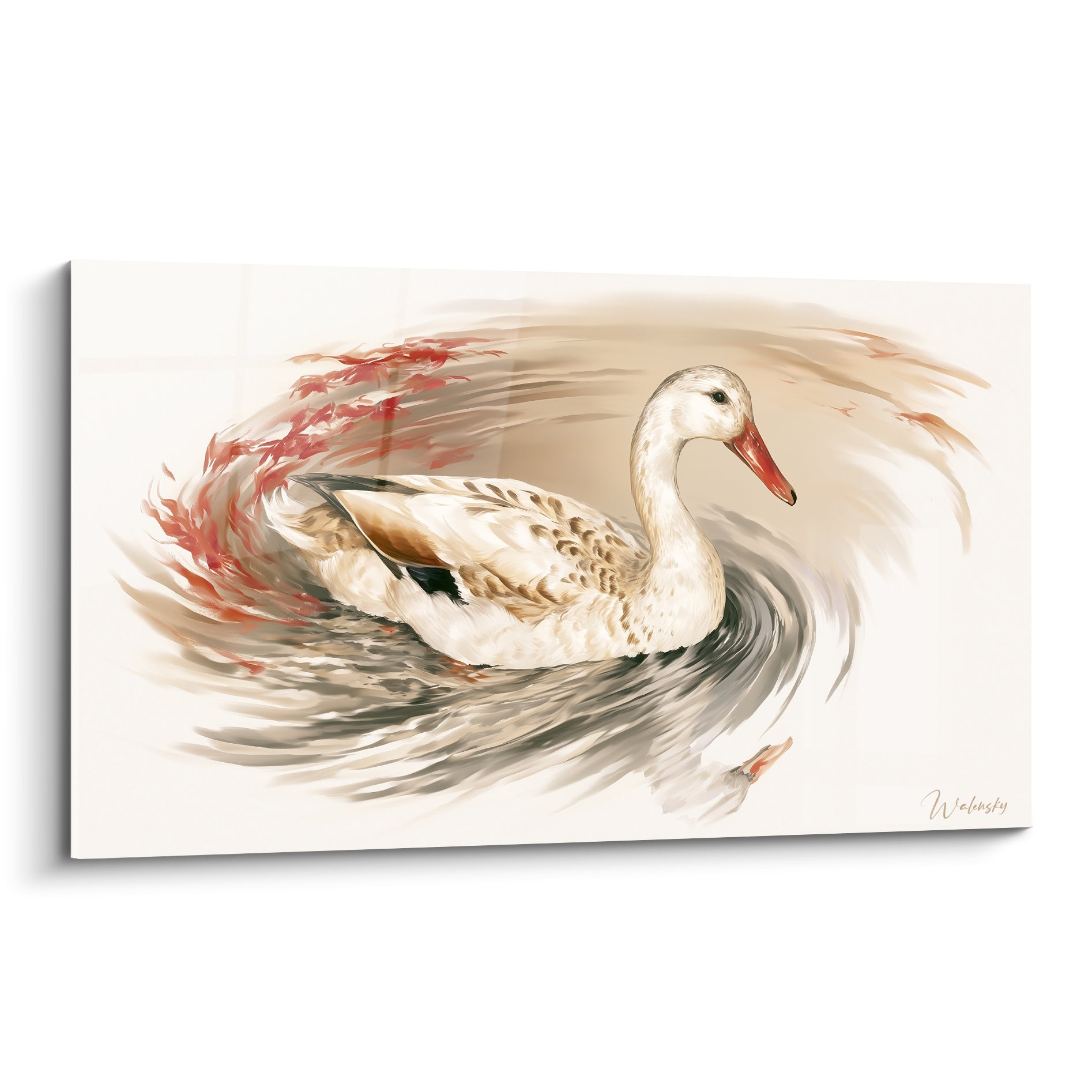 Canard blanc au bec orangé nageant dans un tourbillon anthracite et corail sur fond crème