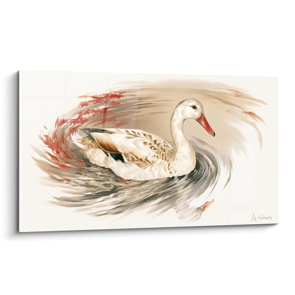 Leinwand Weiße Ente in Ocker- und Korallwirbeln - Schwebende Spur - Edition Ente