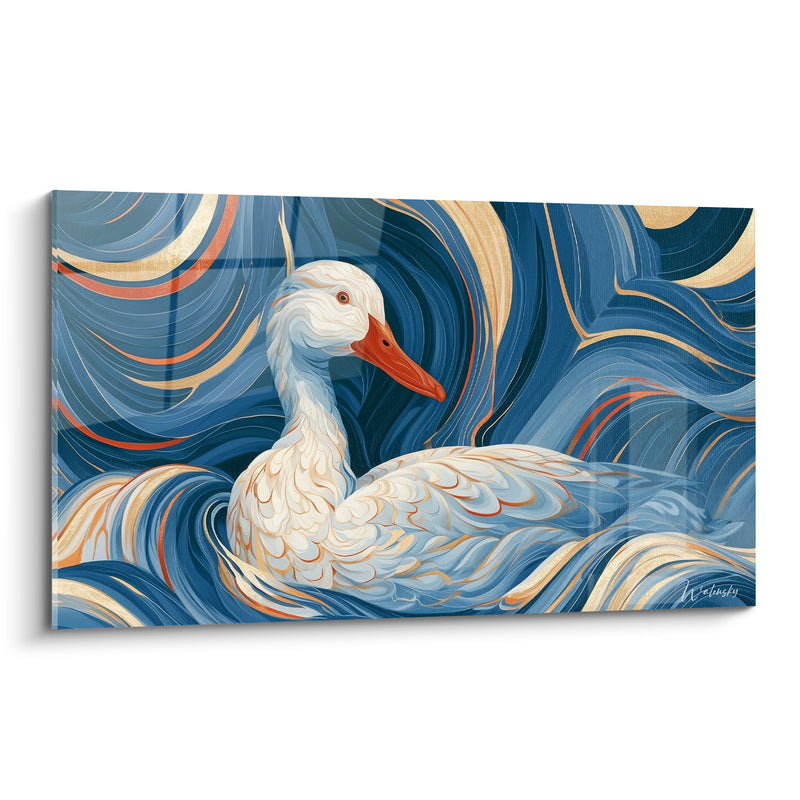 Tableau Canard blanc aux vagues bleues dorées - Dérive silencieuse - Edition Canard