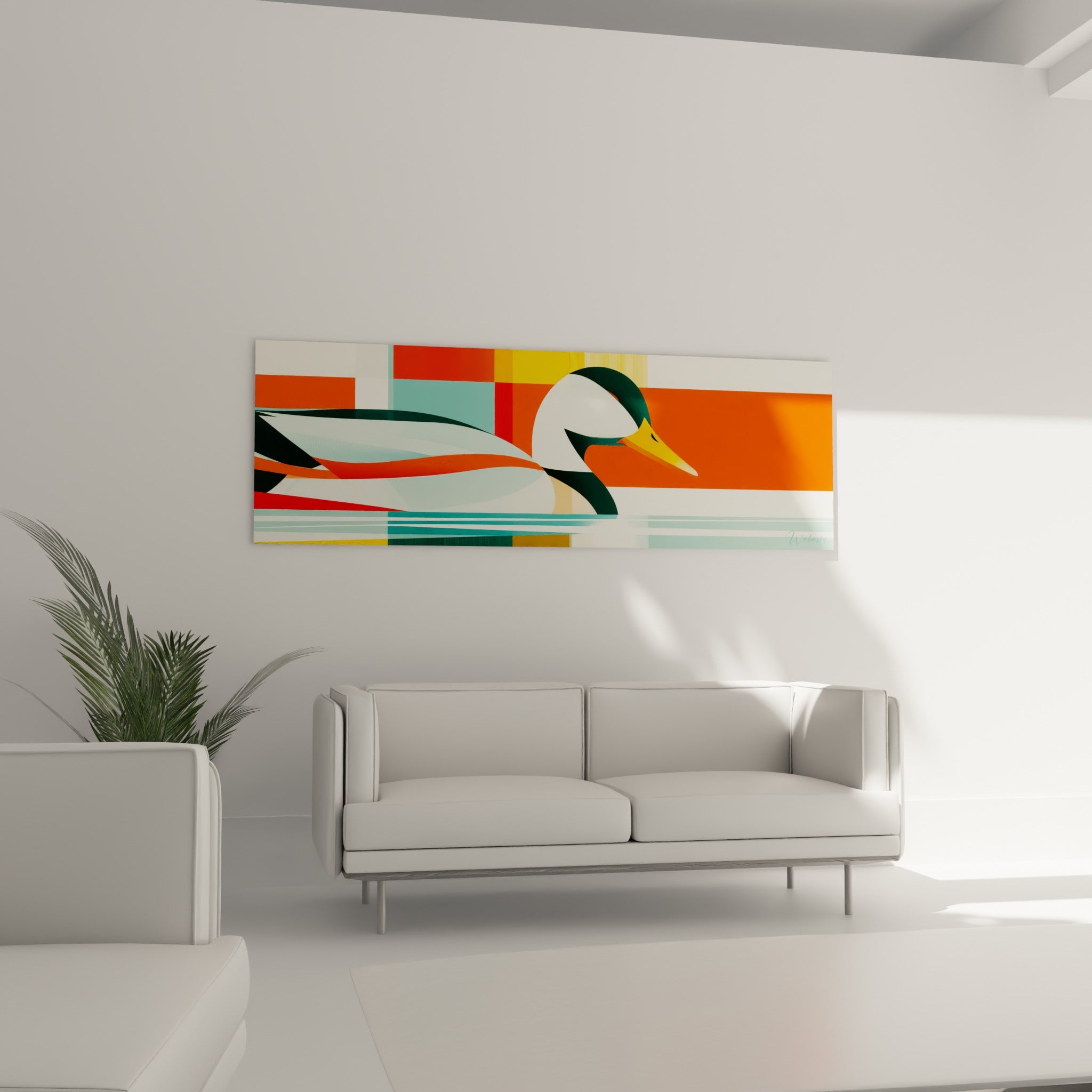 Oiseau graphique blanc et orange vif, composition en aplats colorés, au-dessus d'un canapé dans un salon lumineux