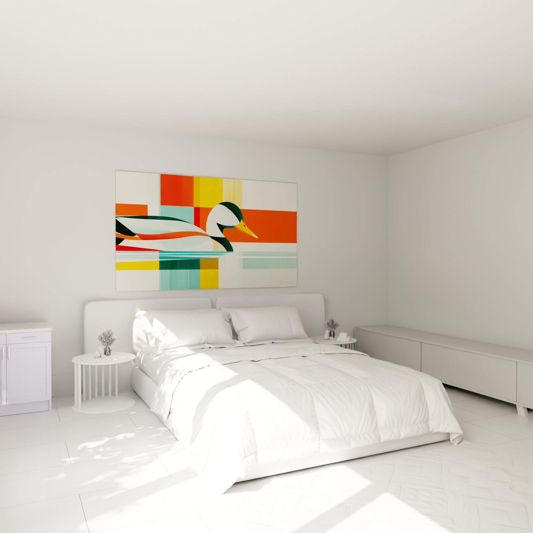 Silhouette de canard vert sapin et blanc au-dessus d'un lit dans une chambre claire