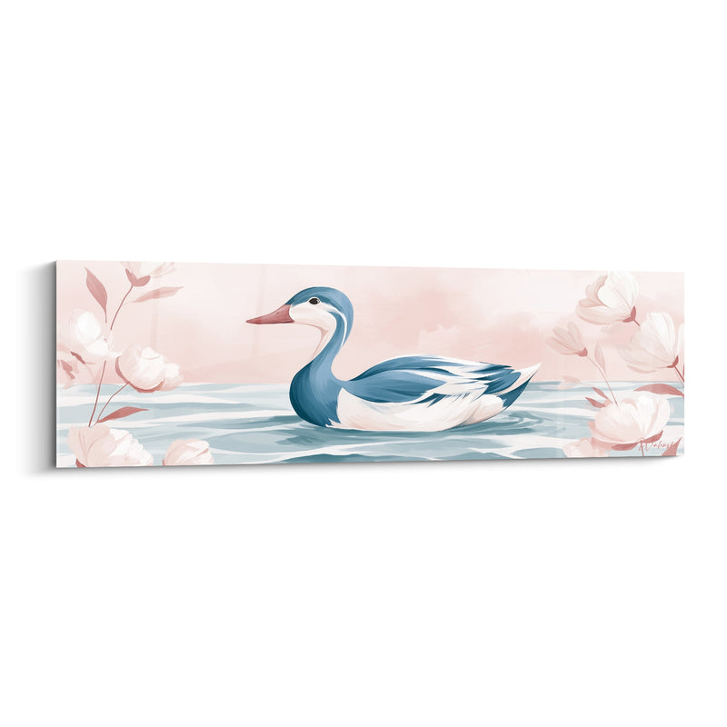 Tableau Canard bleu et blanc entre pivoines roses - Quiétude flottante - Edition Canard