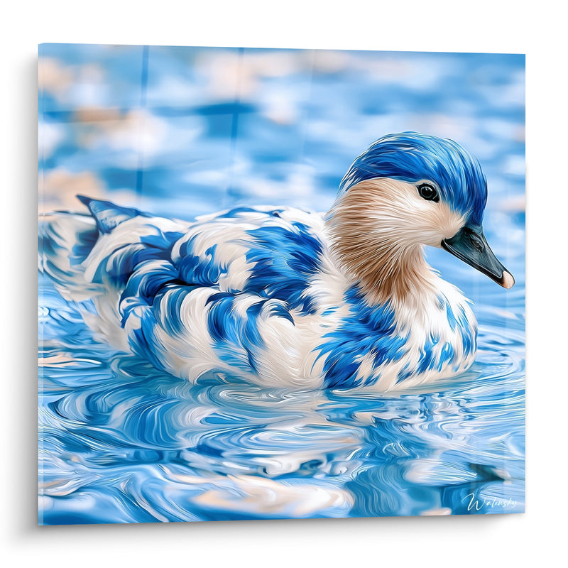Tableau Canard bleu et blanc aux plumes ondulées - Nage sereine - Edition Canard