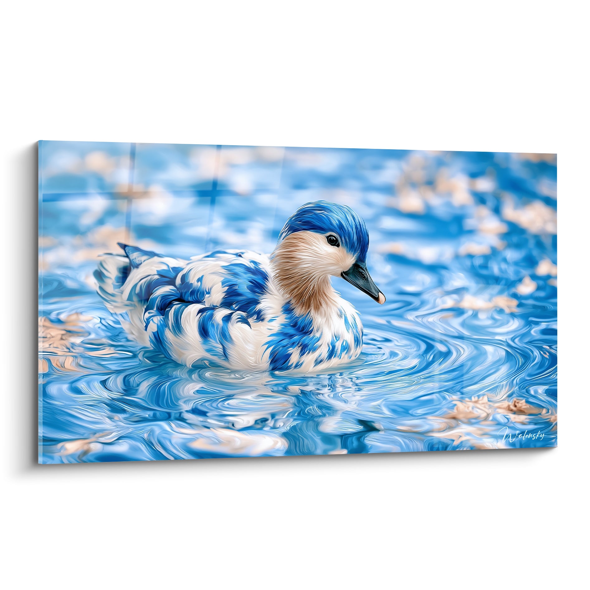 Canard au plumage bleu et blanc flottant sur une eau ondulante aux reflets scintillants